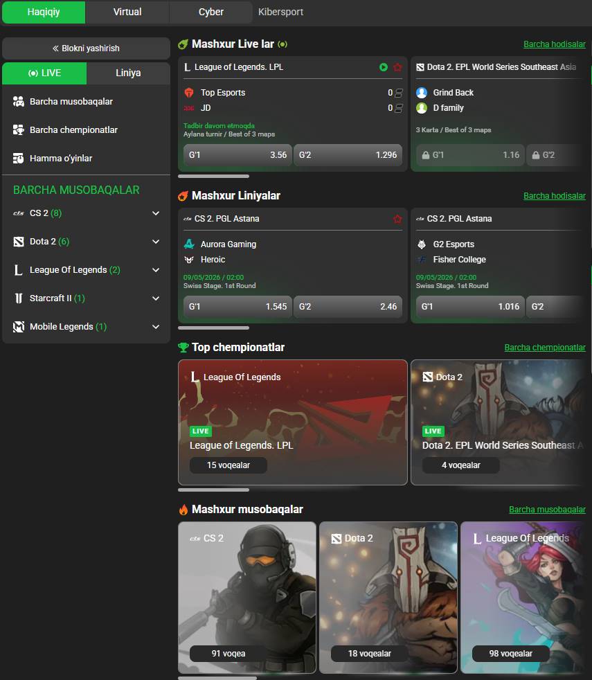 888Starz kibersport CS2 Dota 2 Valorant jonli tikish live translyatsiya va animatsion ko'rsatuv
